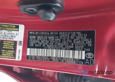 2014 Toyota Corolla S Plus из США, поврежденный, VIN 2T1BURHEXEC196737